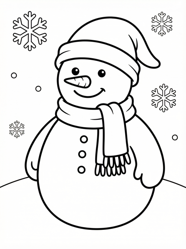 Free printable coloring page showing a snowman with a scarf and hat, perfect for kids to practice coloring and fine motor skills
