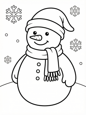 Free printable coloring page showing a snowman with a scarf and hat, perfect for kids to practice coloring and fine motor skills