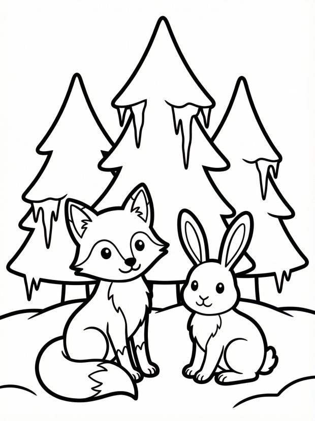 Free printable coloring page showing a fox and rabbit in snowy trees, perfect for kids to practice fine motor skills and color recognition