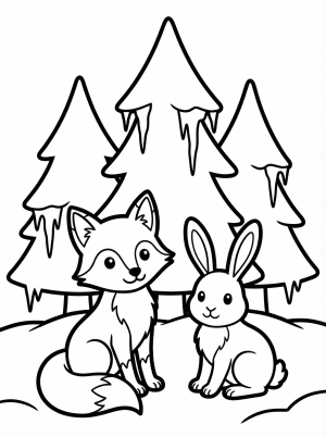 Free printable coloring page showing a fox and rabbit in snowy trees, perfect for kids to practice fine motor skills and color recognition