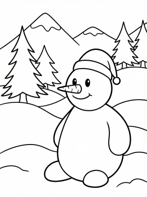 Free printable coloring page showing a snowy landscape with a smiling snowman and pine trees, perfect for kids to practice coloring and creativity