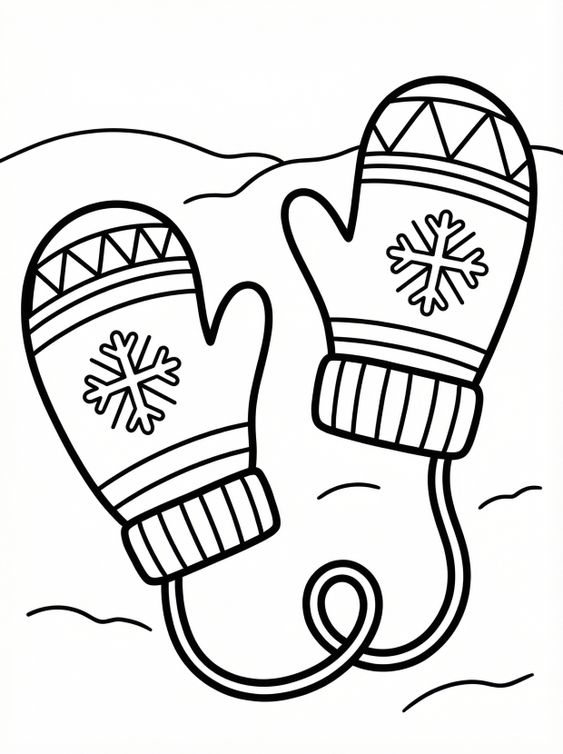 Free printable coloring page showing two winter mittens with snowflake designs, perfect for kids to practice coloring and creativity