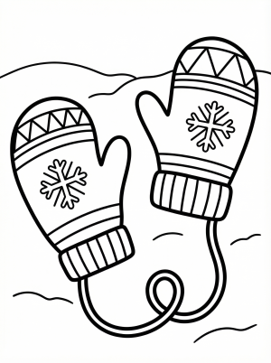 Free printable coloring page showing two winter mittens with snowflake designs, perfect for kids to practice coloring and creativity