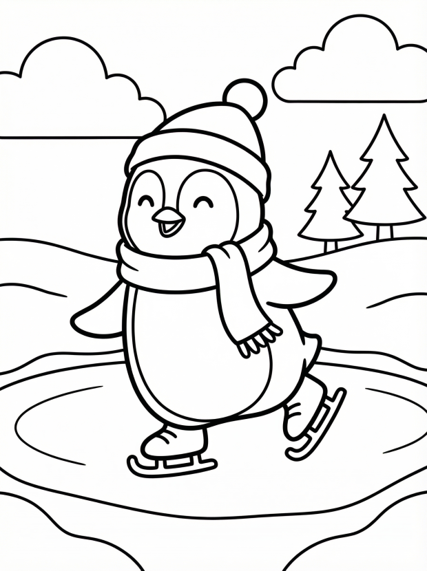 Free printable coloring page showing a penguin ice skating on a frozen pond, perfect for kids to practice fine motor skills and creativity