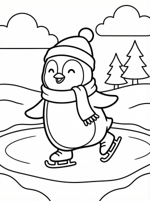Free printable coloring page showing a penguin ice skating on a frozen pond, perfect for kids to practice fine motor skills and creativity