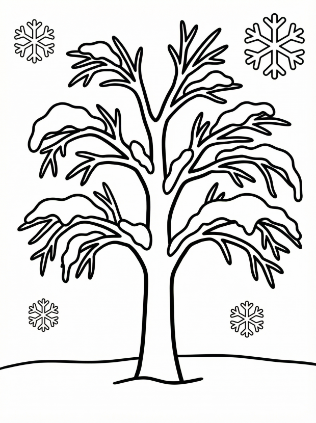 Free printable coloring page showing a snowy winter tree with falling snowflakes, perfect for kids to practice coloring and creativity