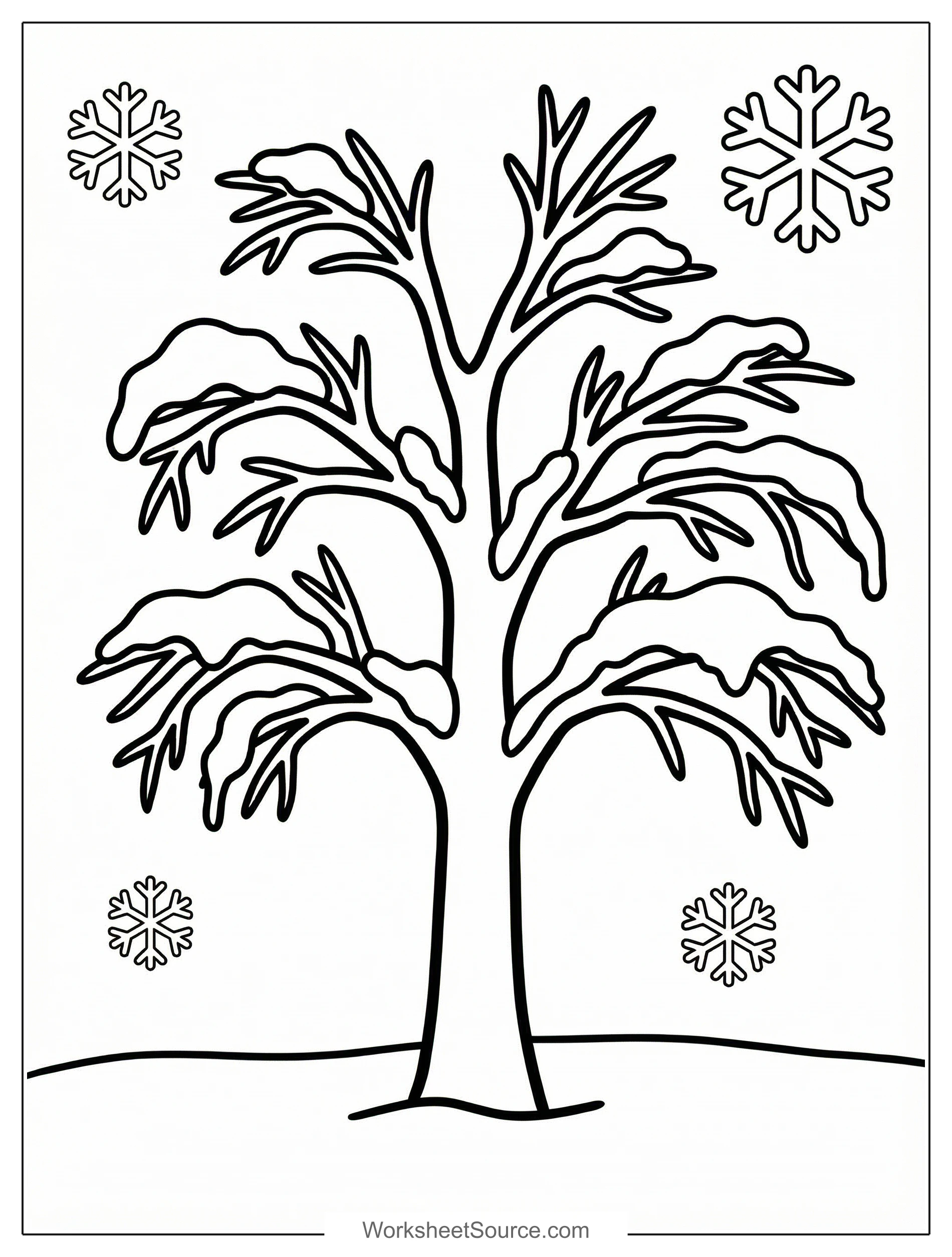 Free printable coloring page showing a snowy winter tree with falling snowflakes, perfect for kids to practice coloring and creativity