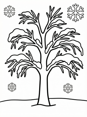 Free printable coloring page showing a snowy winter tree with falling snowflakes, perfect for kids to practice coloring and creativity