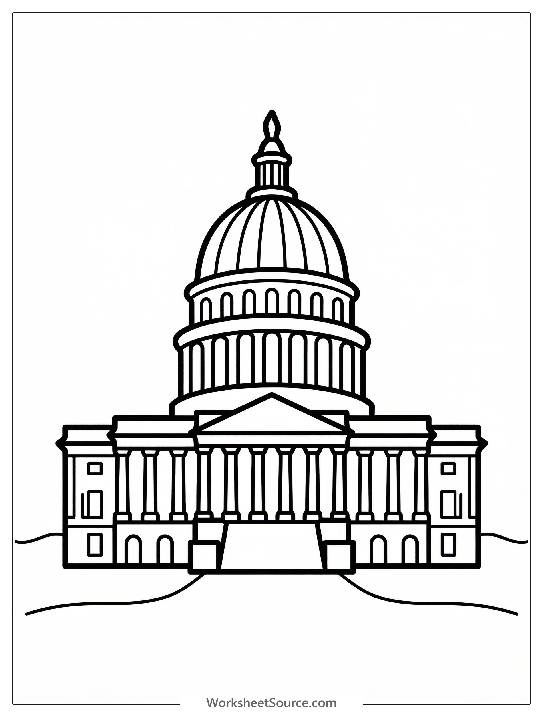 Professional black and white line art coloring page depicting the silhouette of the United States Capitol Building, ready for creative expression.