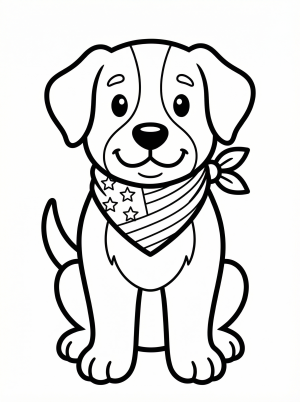 Clear black and white line art of a friendly dog wearing a patriotic bandana with stars and stripes, ready for coloring. Professional design.