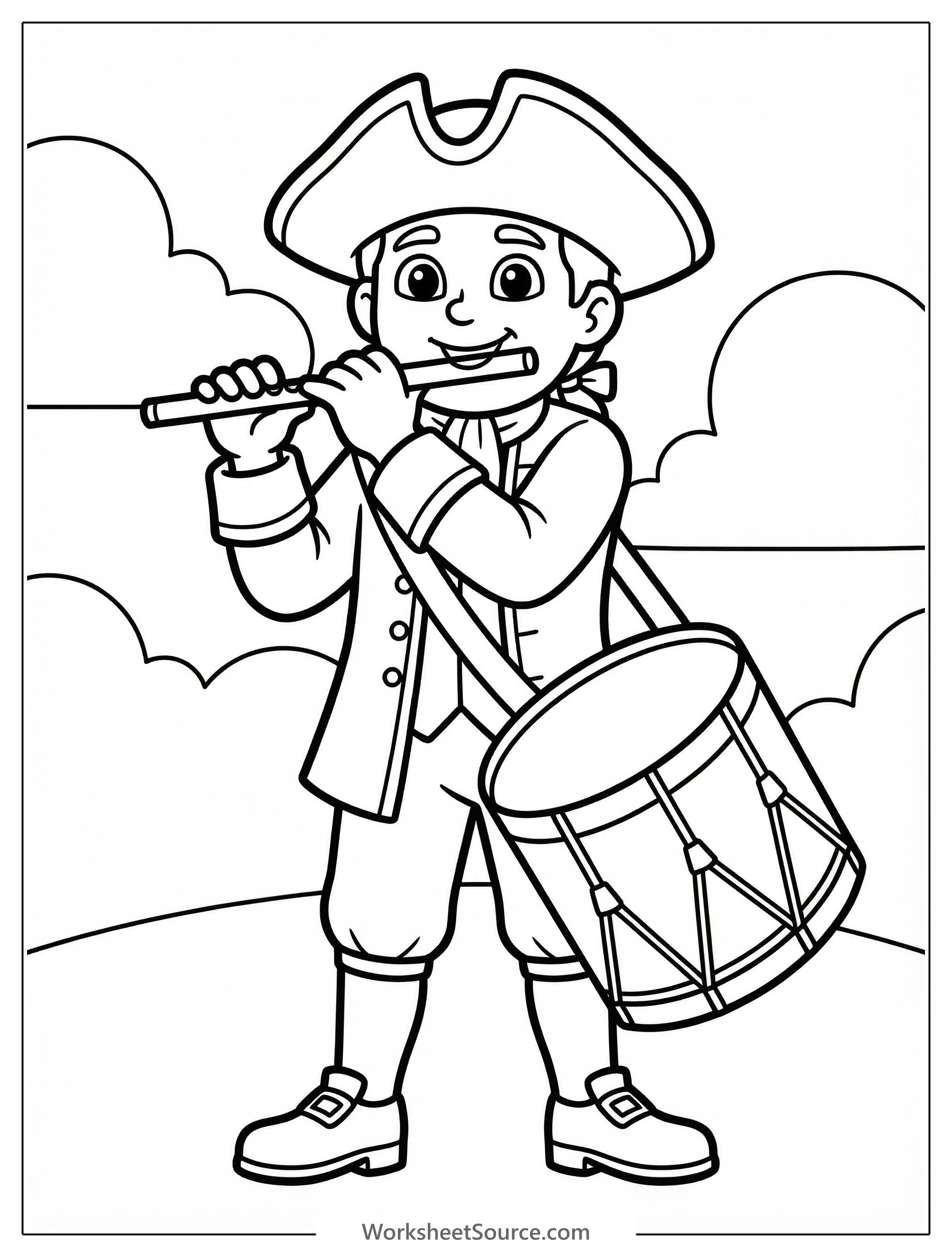 Clear black and white line art coloring page depicting a drum and a fife, professionally designed for easy printing and coloring activities.