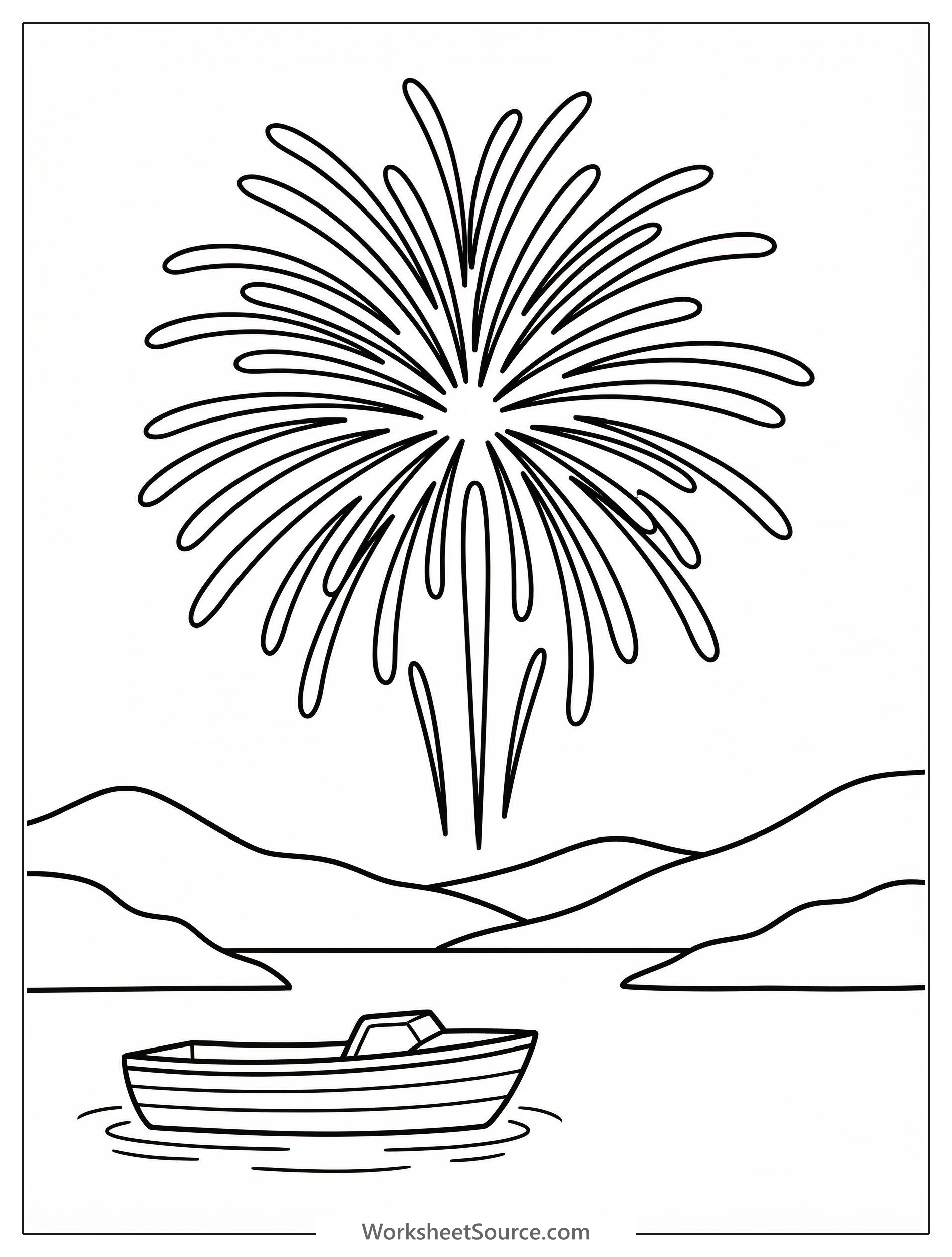 Black and white line art coloring page depicting a spectacular fireworks display exploding high above a calm lake with reflections shimmering on the water.