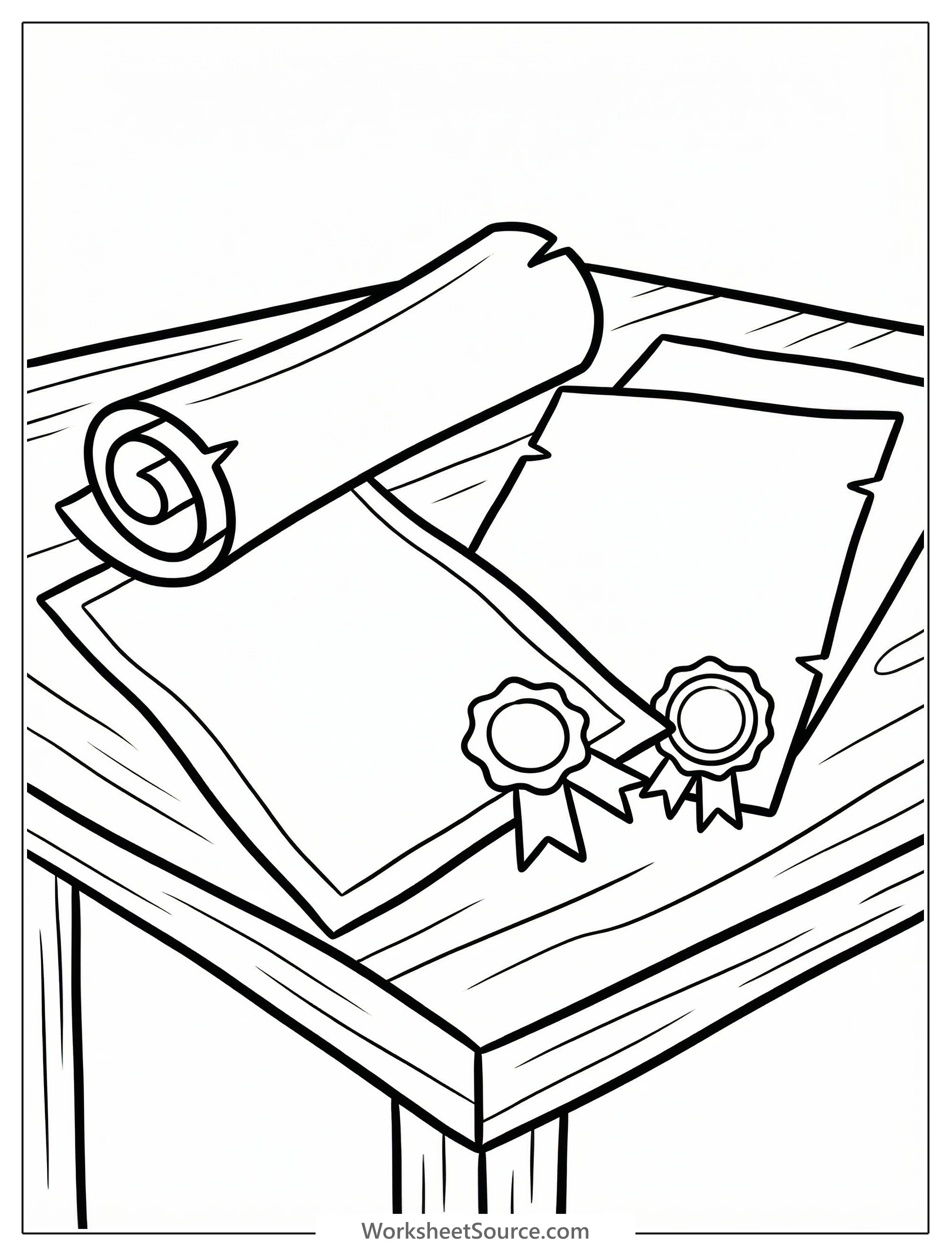 Black and white line art coloring page depicting the Declaration of Independence document, featuring ornate script, signatures, and a decorative border.