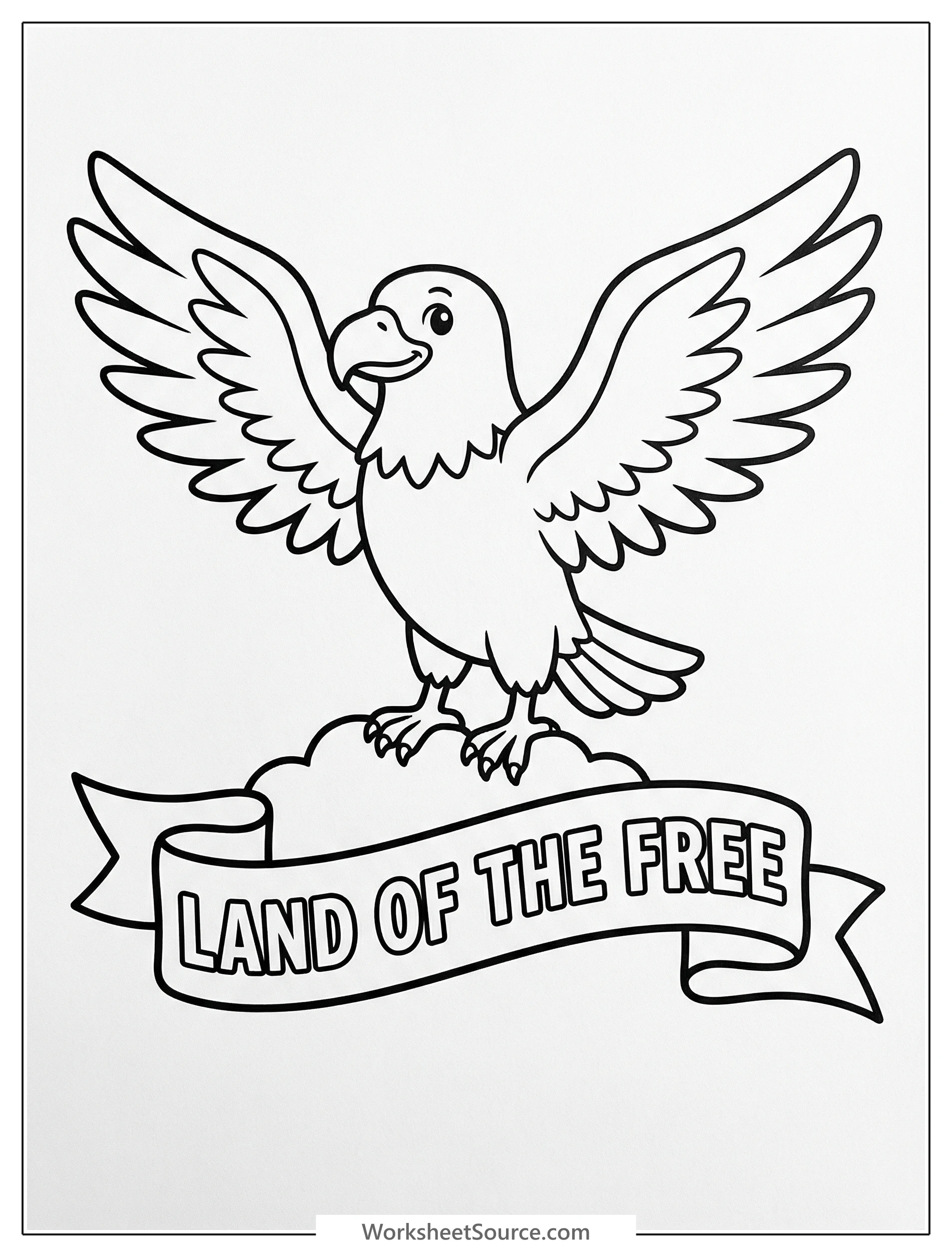 Black and white line art coloring page featuring a 'Land of the Free' banner, professionally designed for creative artistic expression and learning.