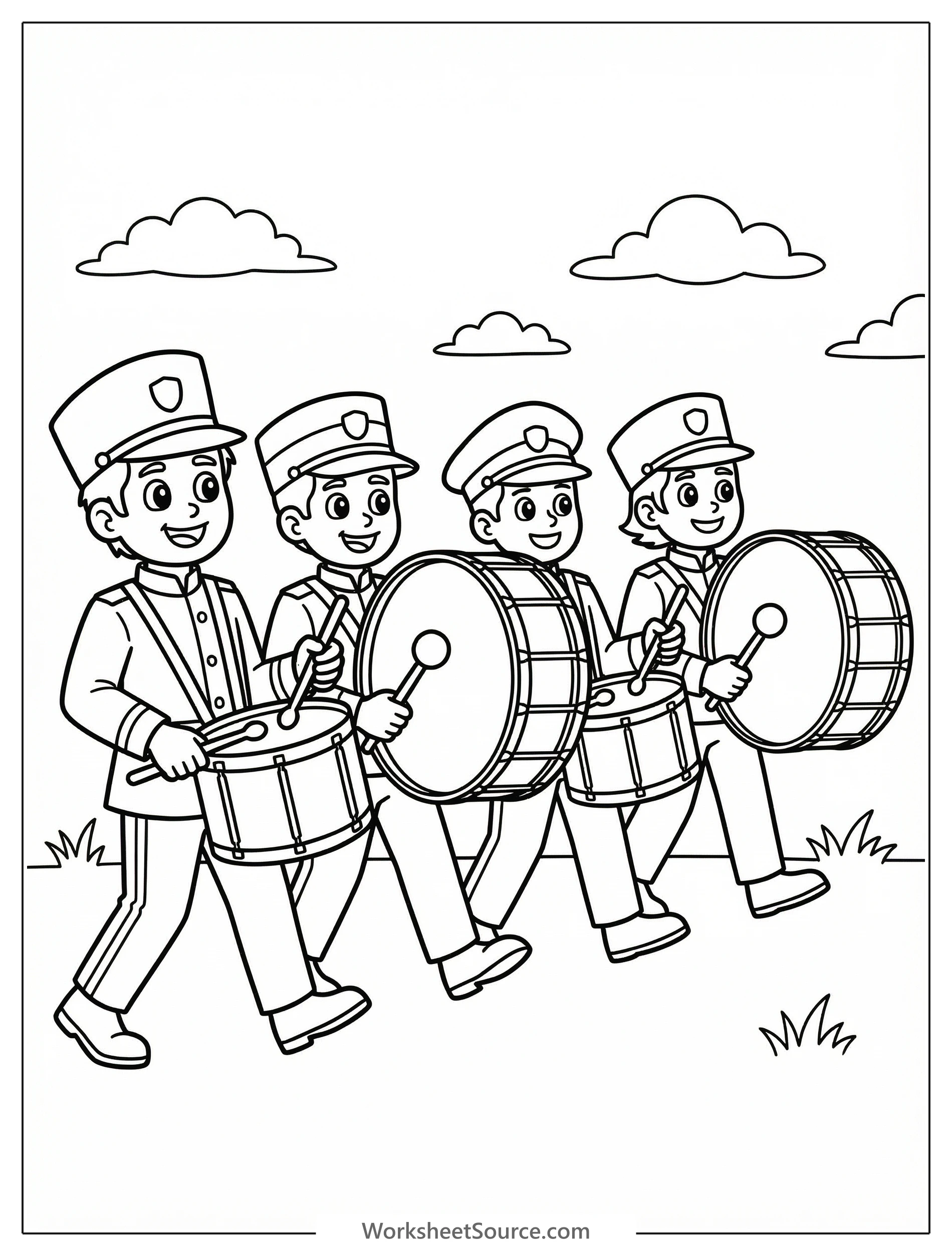 Marching band with drums, coloring page style, clear black and white line art, professional design coloring page for kids - black and white line art ready to print and color