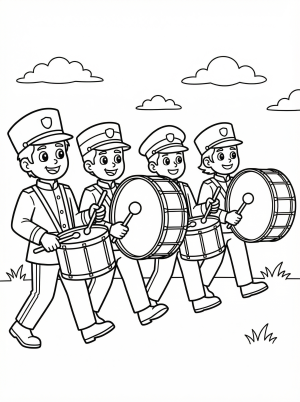 Marching band with drums, coloring page style, clear black and white line art, professional design coloring page for kids - black and white line art ready to print and color