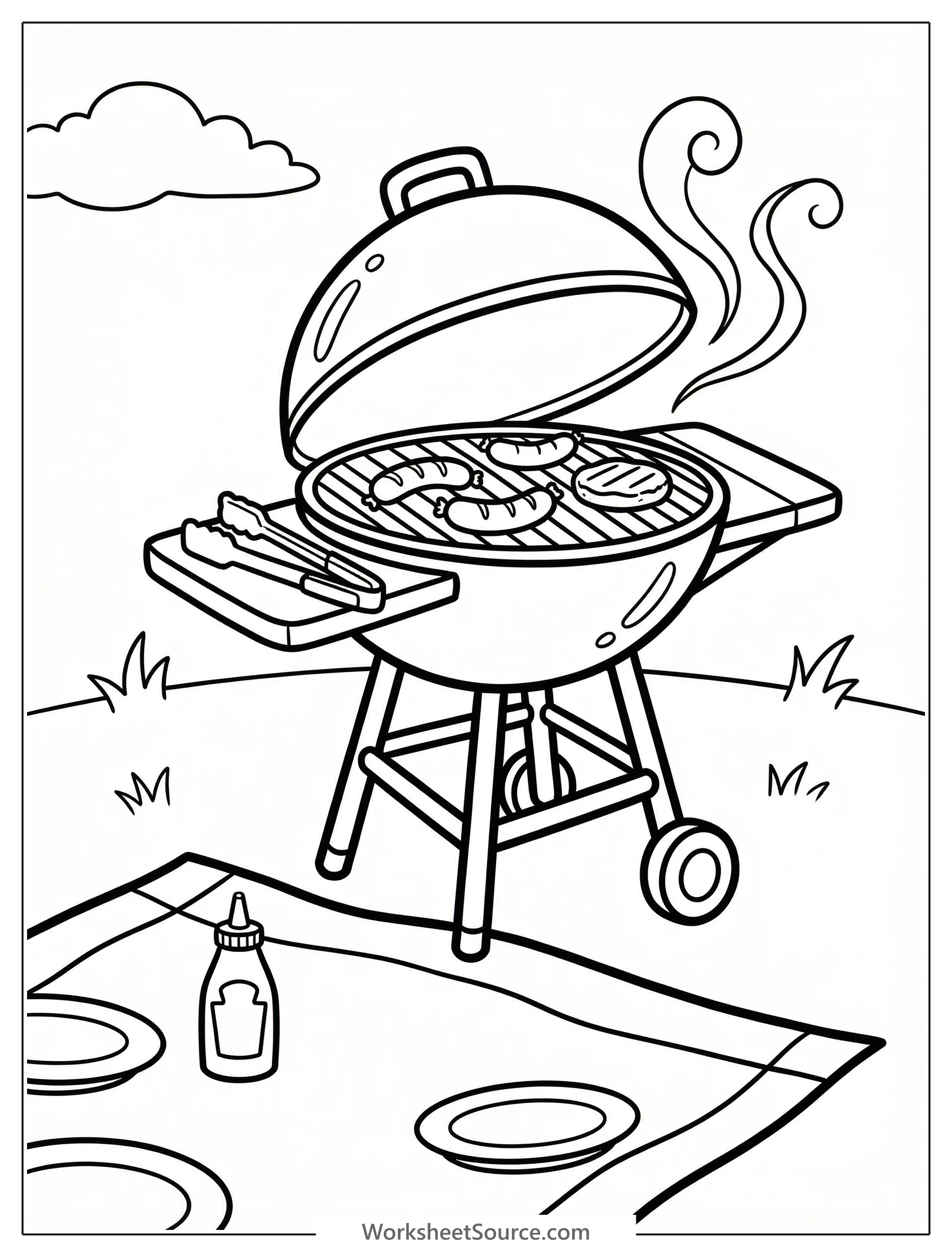 Black and white line art coloring page of a classic outdoor BBQ grill with smoke rising, tongs, spatula, and hot dogs, designed for young artists to color.