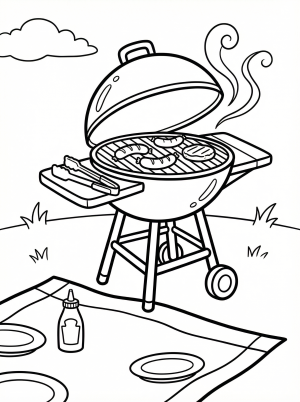 Black and white line art coloring page of a classic outdoor BBQ grill with smoke rising, tongs, spatula, and hot dogs, designed for young artists to color.