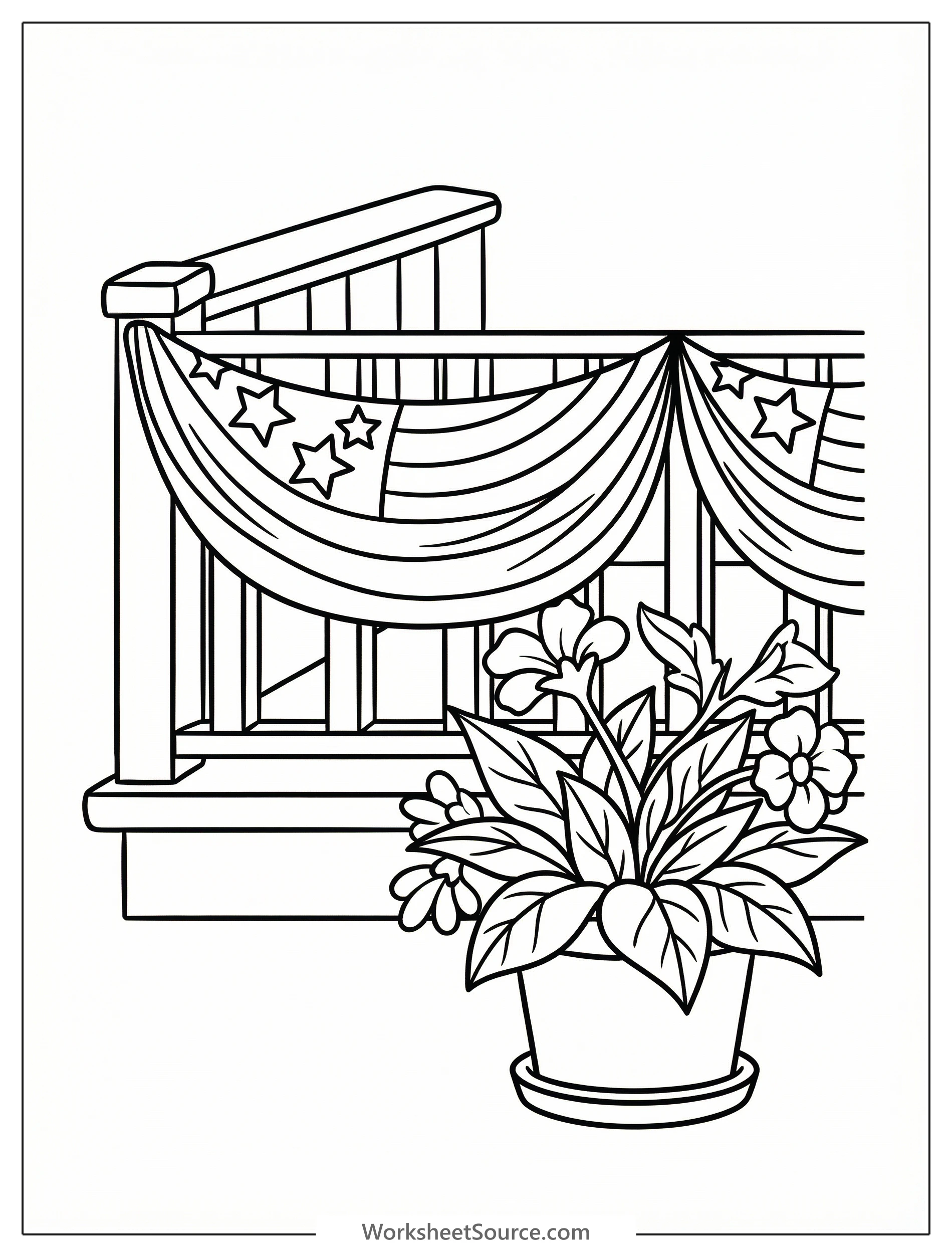 Clear black and white line art of patriotic bunting draped across a classic porch railing, ready for children to color and celebrate.