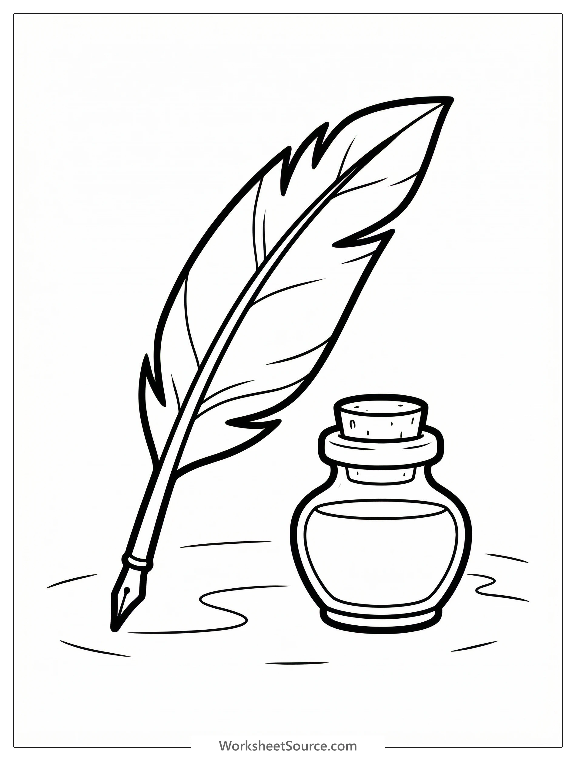 Clear black and white line art coloring page depicting a vintage quill pen resting in an inkwell, ready for creative coloring by young artists.
