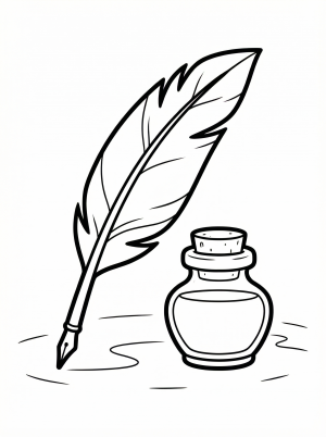 Clear black and white line art coloring page depicting a vintage quill pen resting in an inkwell, ready for creative coloring by young artists.