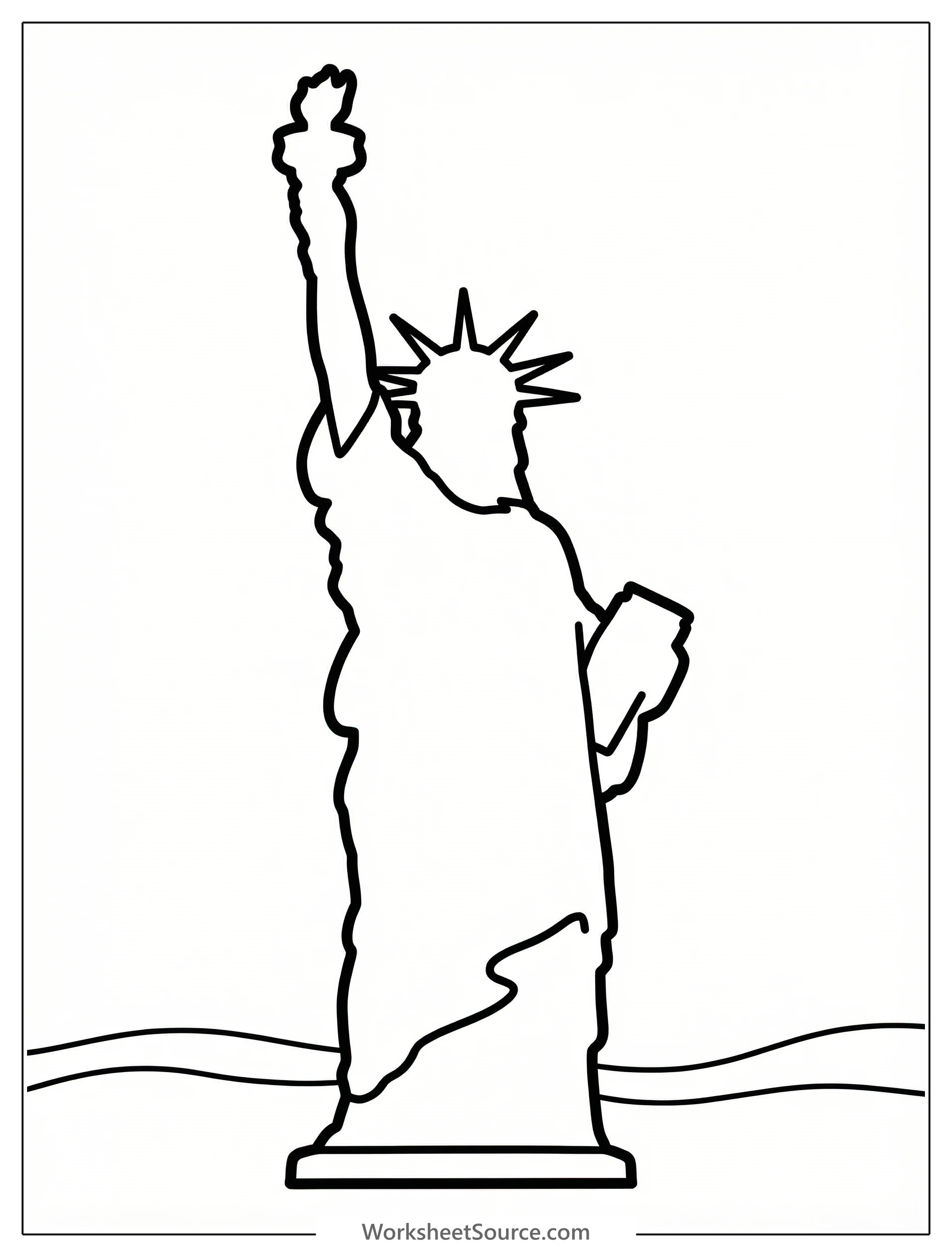 Black and white line art coloring page showing the silhouette of the Statue of Liberty with clear, professional design, perfect for children.