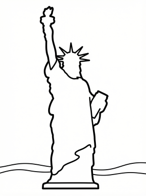 Black and white line art coloring page showing the silhouette of the Statue of Liberty with clear, professional design, perfect for children.