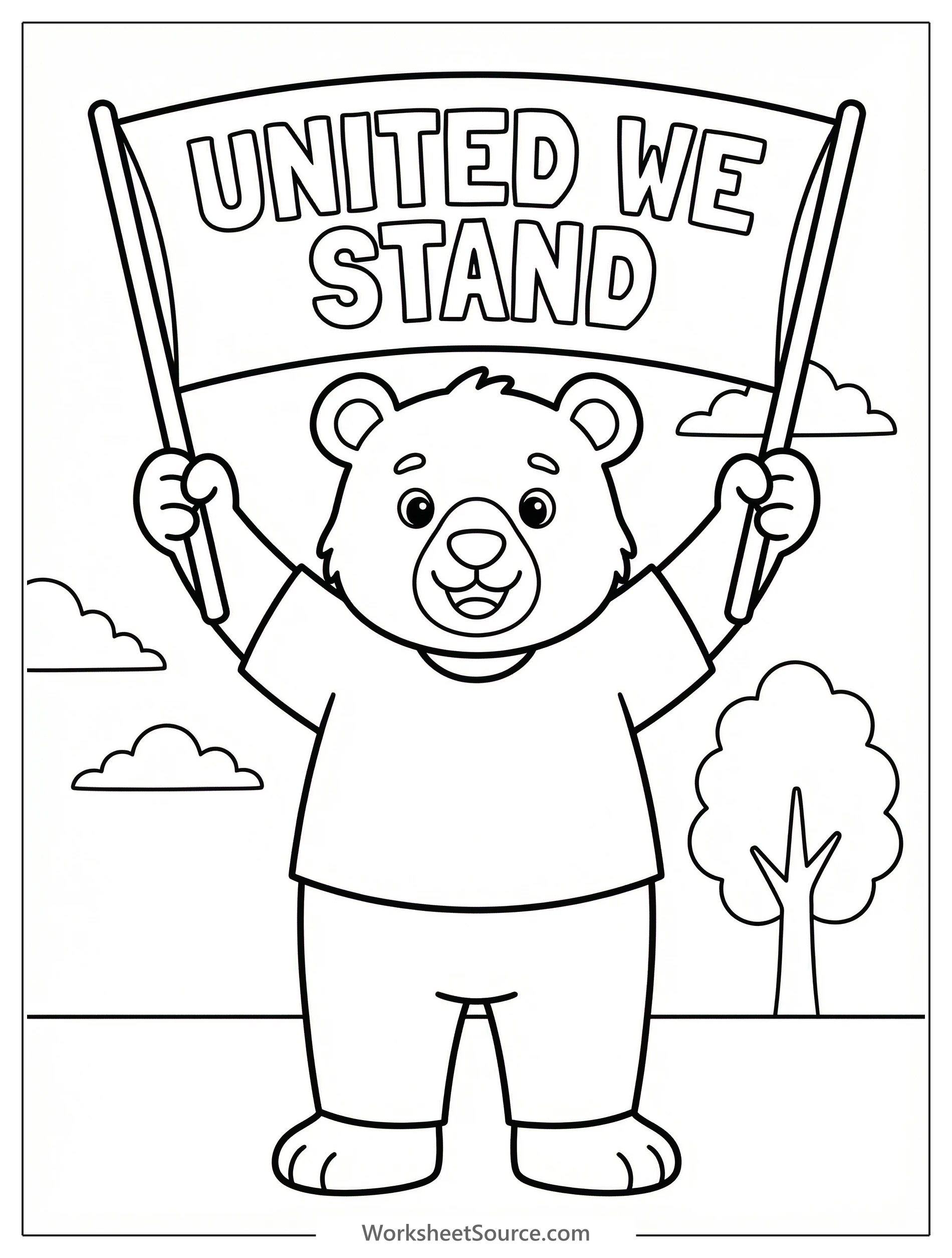 Clear black and white line art coloring page featuring a 'United We Stand' banner, adorned with stars, stripes, and patriotic motifs.