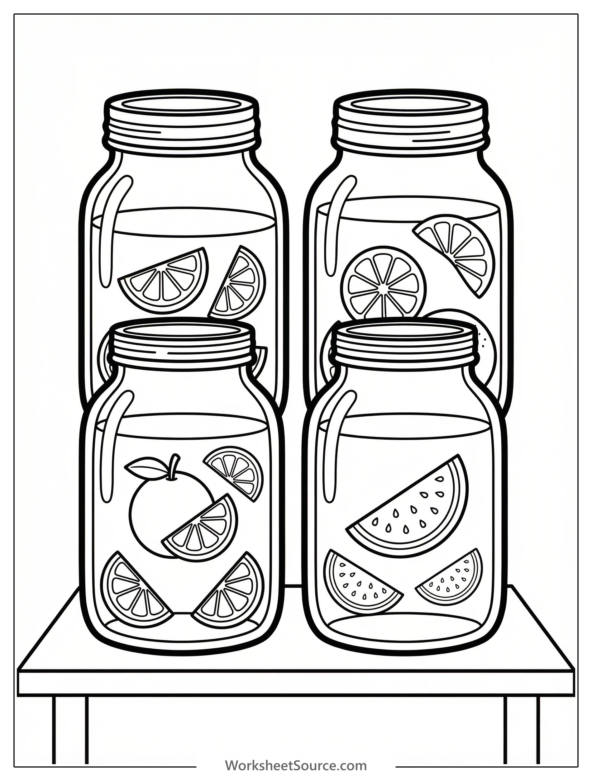 Clear black and white line art coloring page featuring three professionally designed aguas frescas jars, ready for vibrant colors.