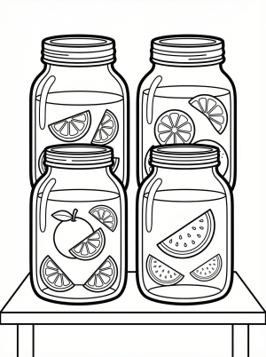 Clear black and white line art coloring page featuring three professionally designed aguas frescas jars, ready for vibrant colors.