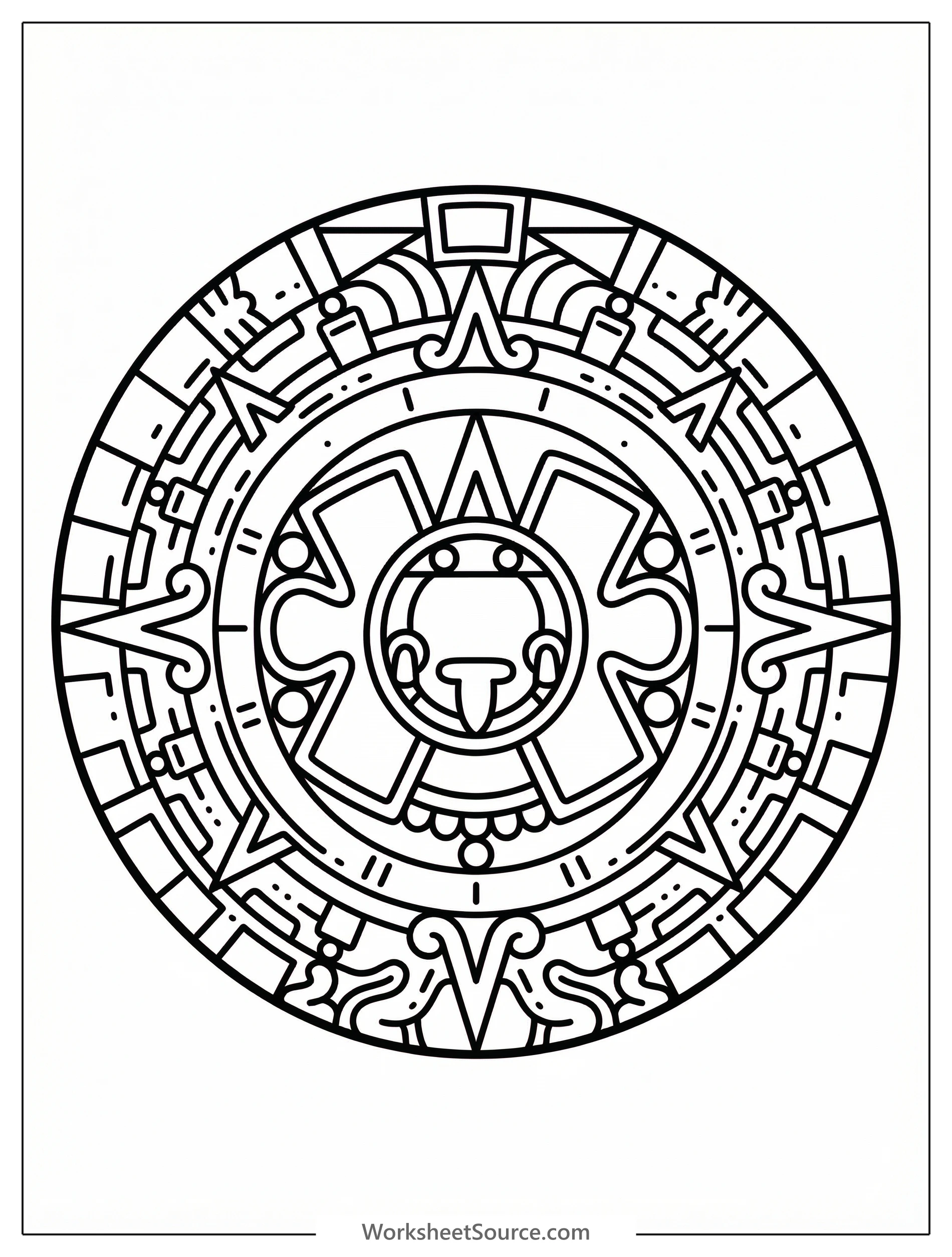 Intricate black and white line art coloring page of an Aztec Sun Stone pattern, featuring detailed symbols and figures for artistic exploration.