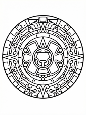 Intricate black and white line art coloring page of an Aztec Sun Stone pattern, featuring detailed symbols and figures for artistic exploration.