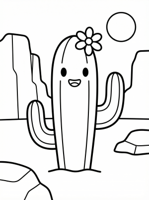 Clear black and white line art coloring page depicting a vibrant desert landscape with various cacti, mountains, and a sunny sky. Professional design.