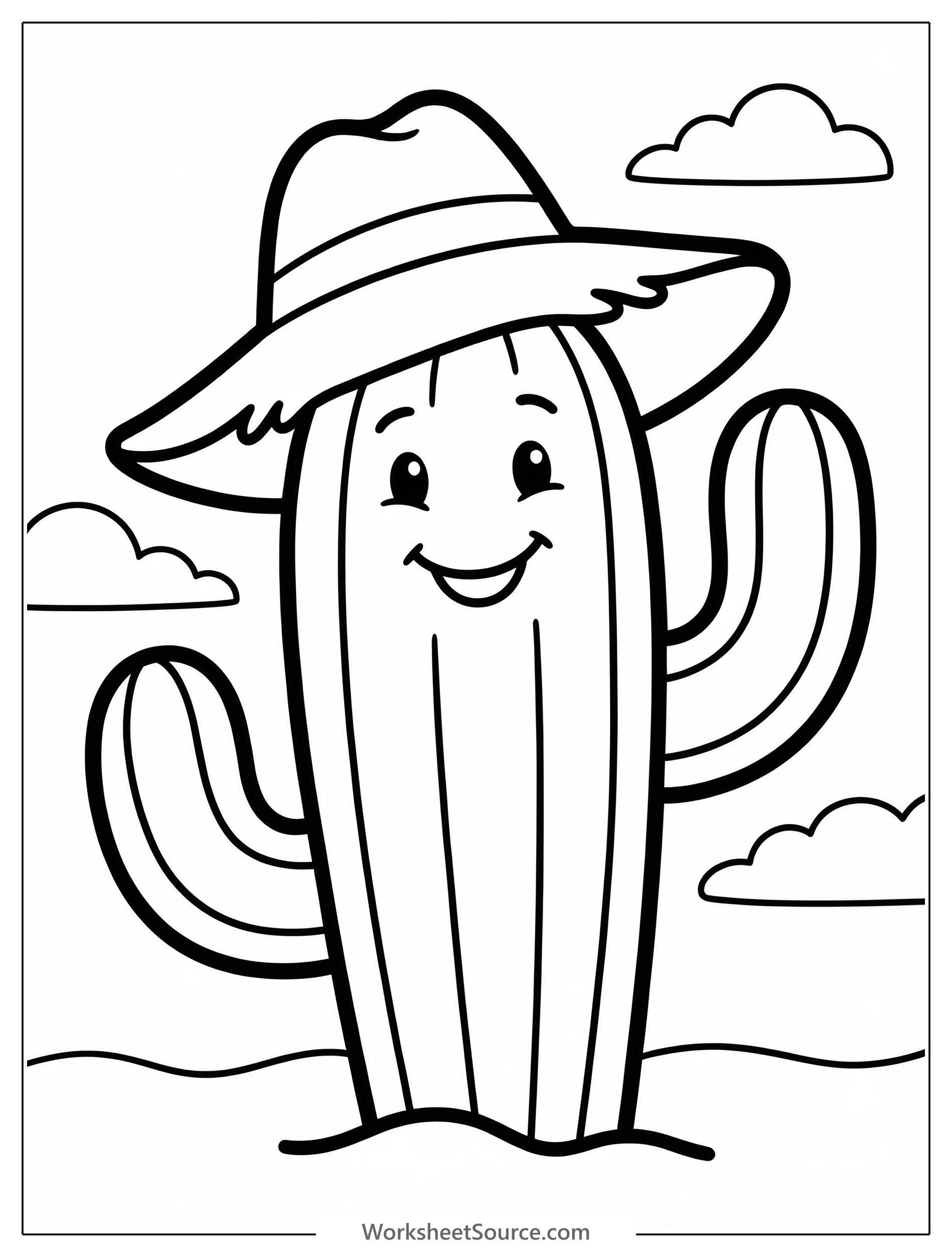 Clear black and white line art coloring page of a friendly cartoon cactus wearing a wide-brimmed hat, ready for creative coloring and artistic expression.