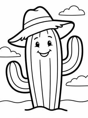 Clear black and white line art coloring page of a friendly cartoon cactus wearing a wide-brimmed hat, ready for creative coloring and artistic expression.