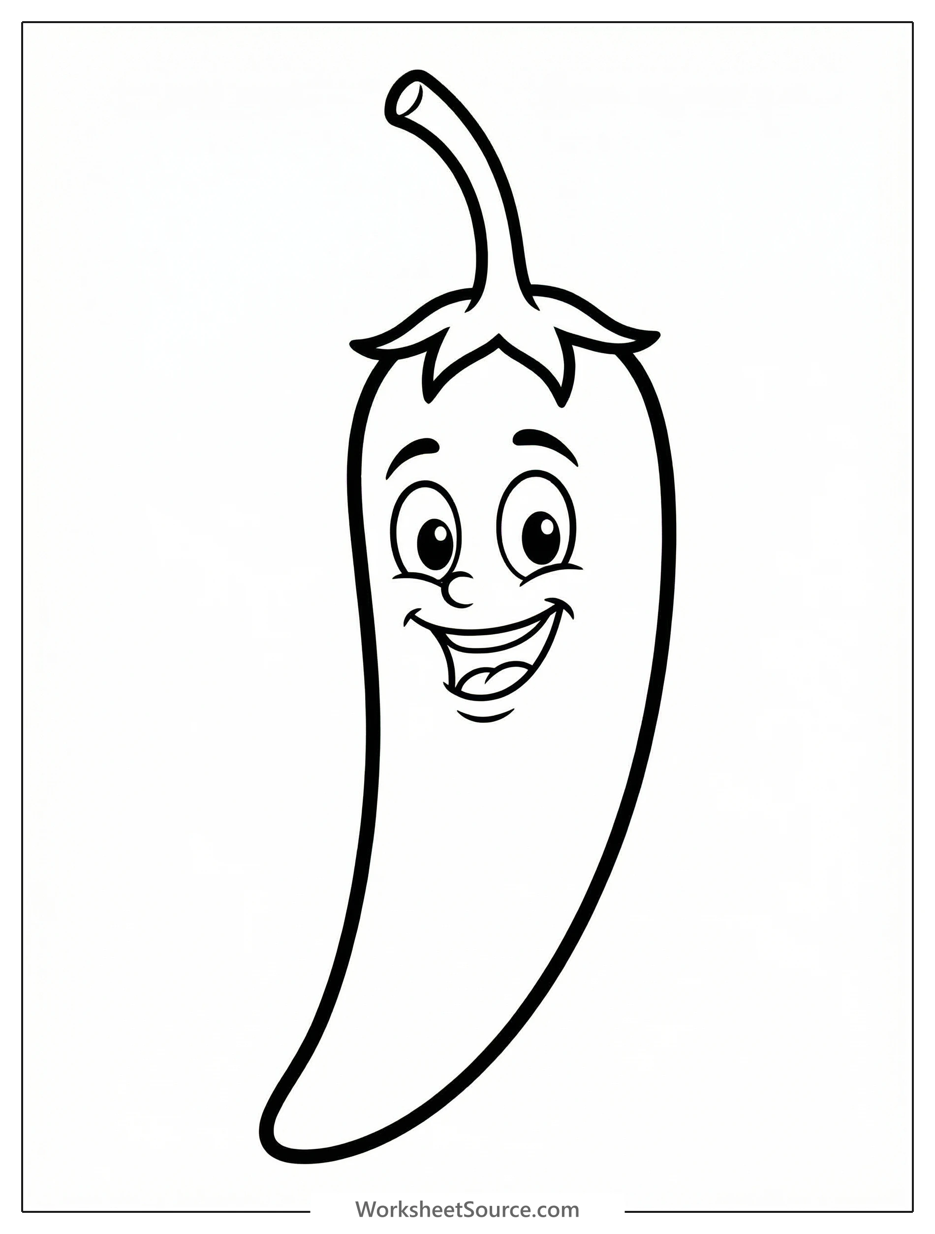 Black and white line art coloring page of a friendly chili pepper with a happy face, smiling, ready for creative coloring. Professionally designed outline.