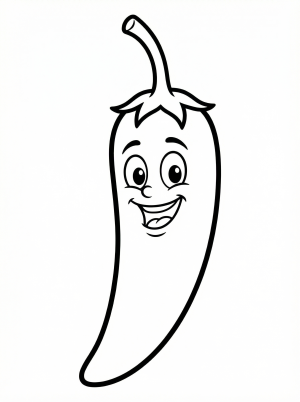 Black and white line art coloring page of a friendly chili pepper with a happy face, smiling, ready for creative coloring. Professionally designed outline.