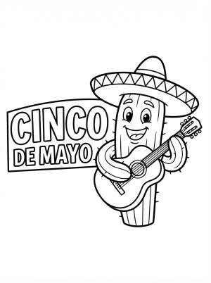 Clear black and white line art coloring page featuring a decorative 'Cinco de Mayo' text banner with festive cultural elements and floral patterns.
