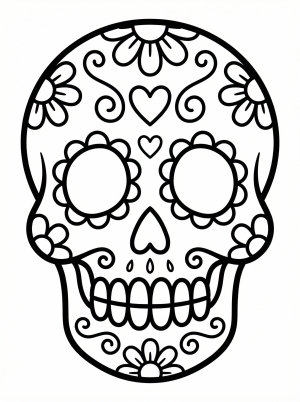 Black and white line art coloring page featuring a decorated calavera skull with intricate floral patterns, hearts, and swirls.