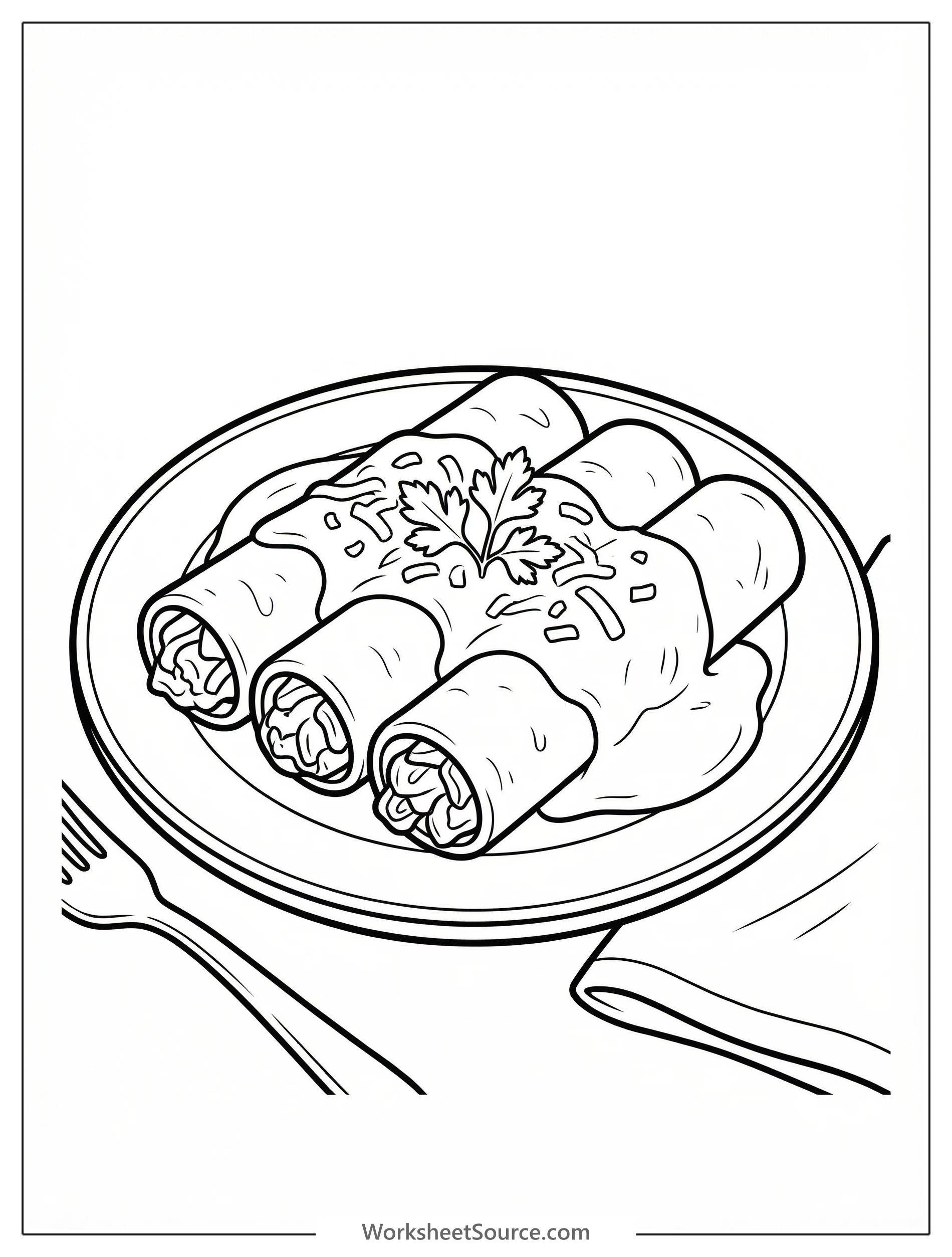 Black and white line art coloring page depicting three enchiladas covered in sauce and cheese on a plate, with a spoon for serving. Professionally designed for clear lines.