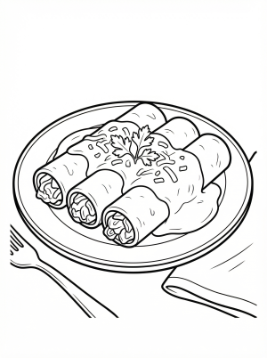 Black and white line art coloring page depicting three enchiladas covered in sauce and cheese on a plate, with a spoon for serving. Professionally designed for clear lines.