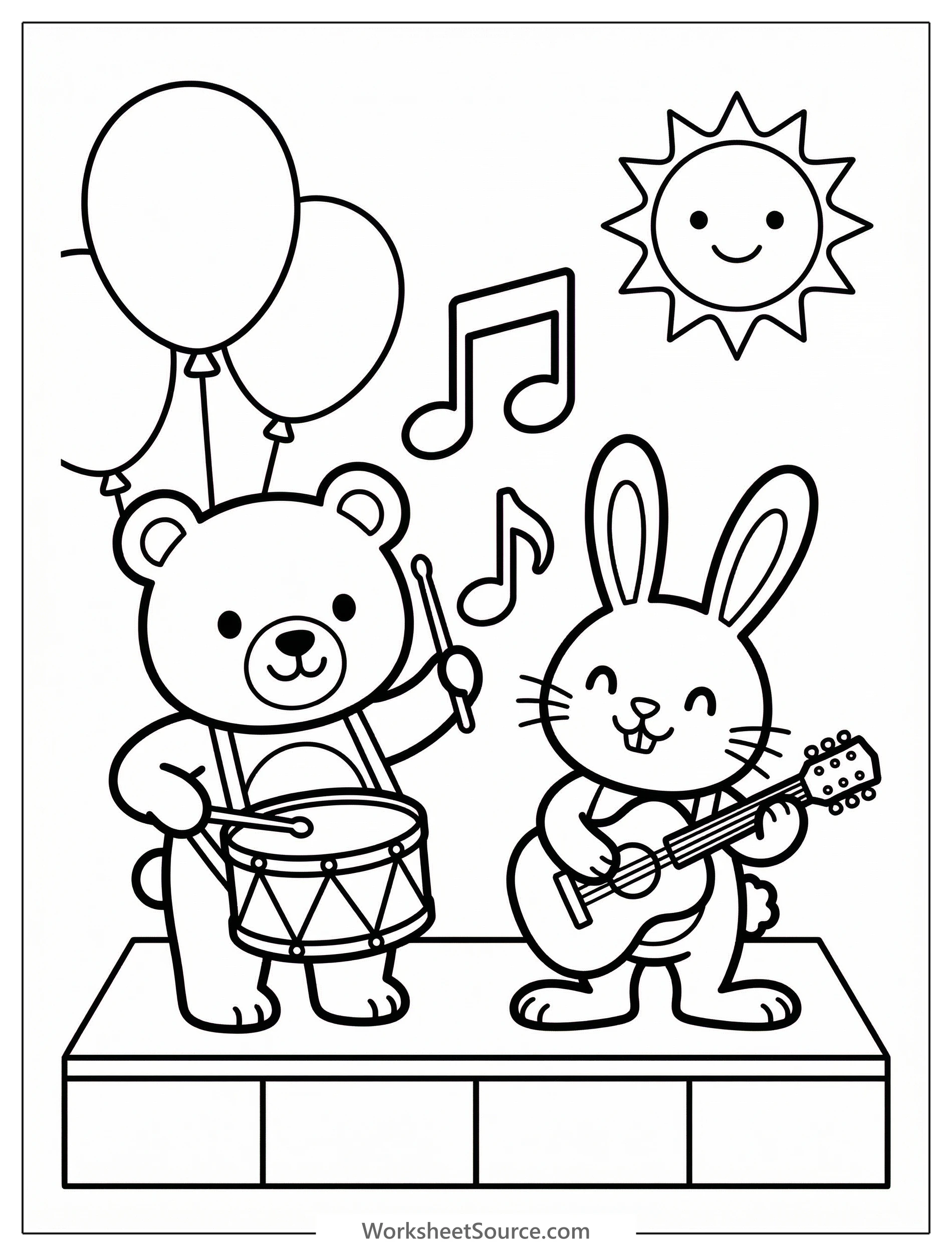 Black and white line art coloring page depicting a joyful festival scene with musical instruments, dancers, and festive decorations, ready for coloring.