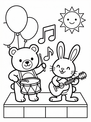 Black and white line art coloring page depicting a joyful festival scene with musical instruments, dancers, and festive decorations, ready for coloring.