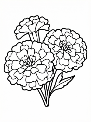 Clear black and white line art coloring page of beautifully detailed festive marigold flowers with intricate petals, ready for vibrant creative expression.