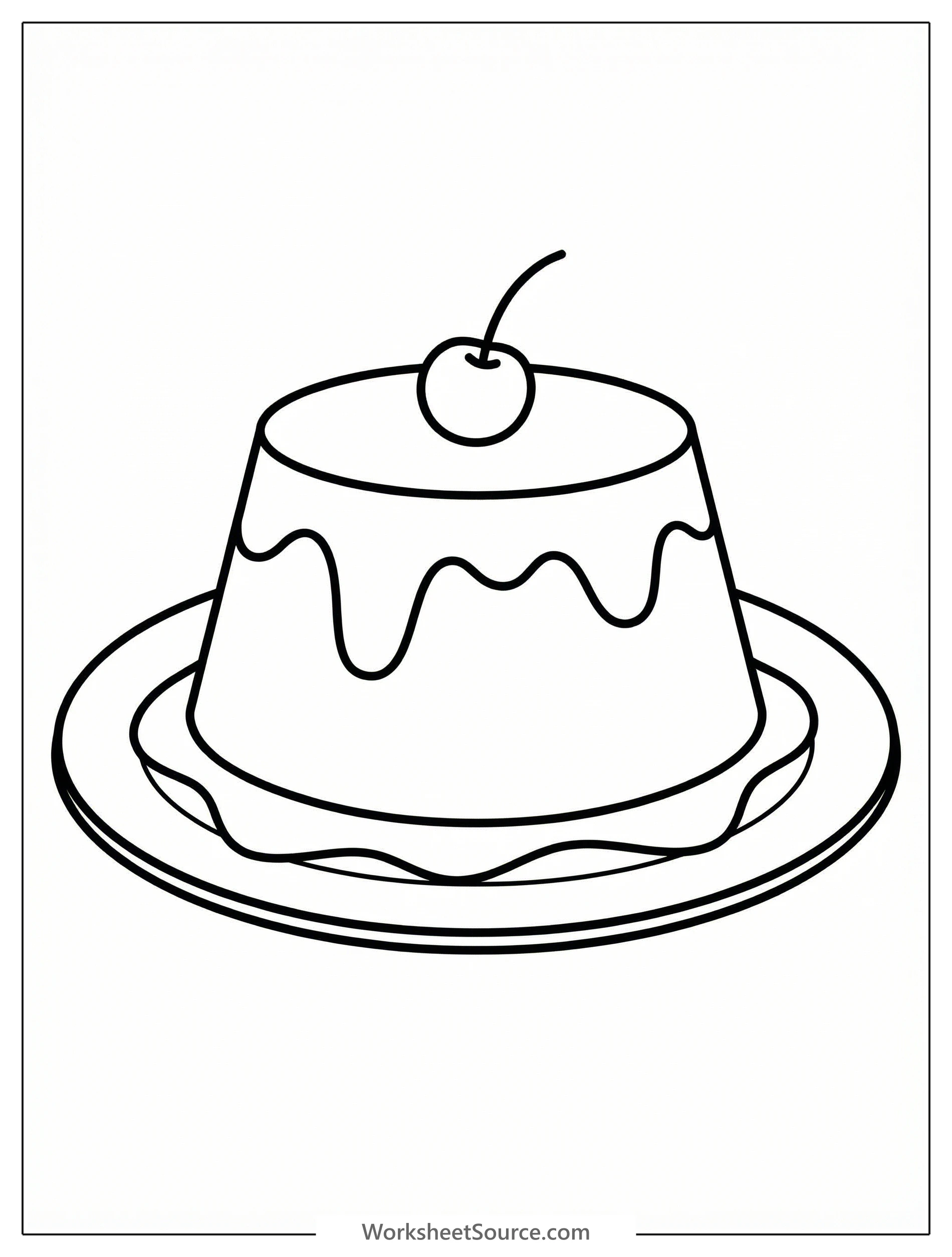 Clear black and white line art of a delicious flan dessert with rich caramel sauce, professionally designed for coloring. A sweet custard treat.