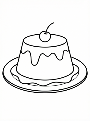 Clear black and white line art of a delicious flan dessert with rich caramel sauce, professionally designed for coloring. A sweet custard treat.