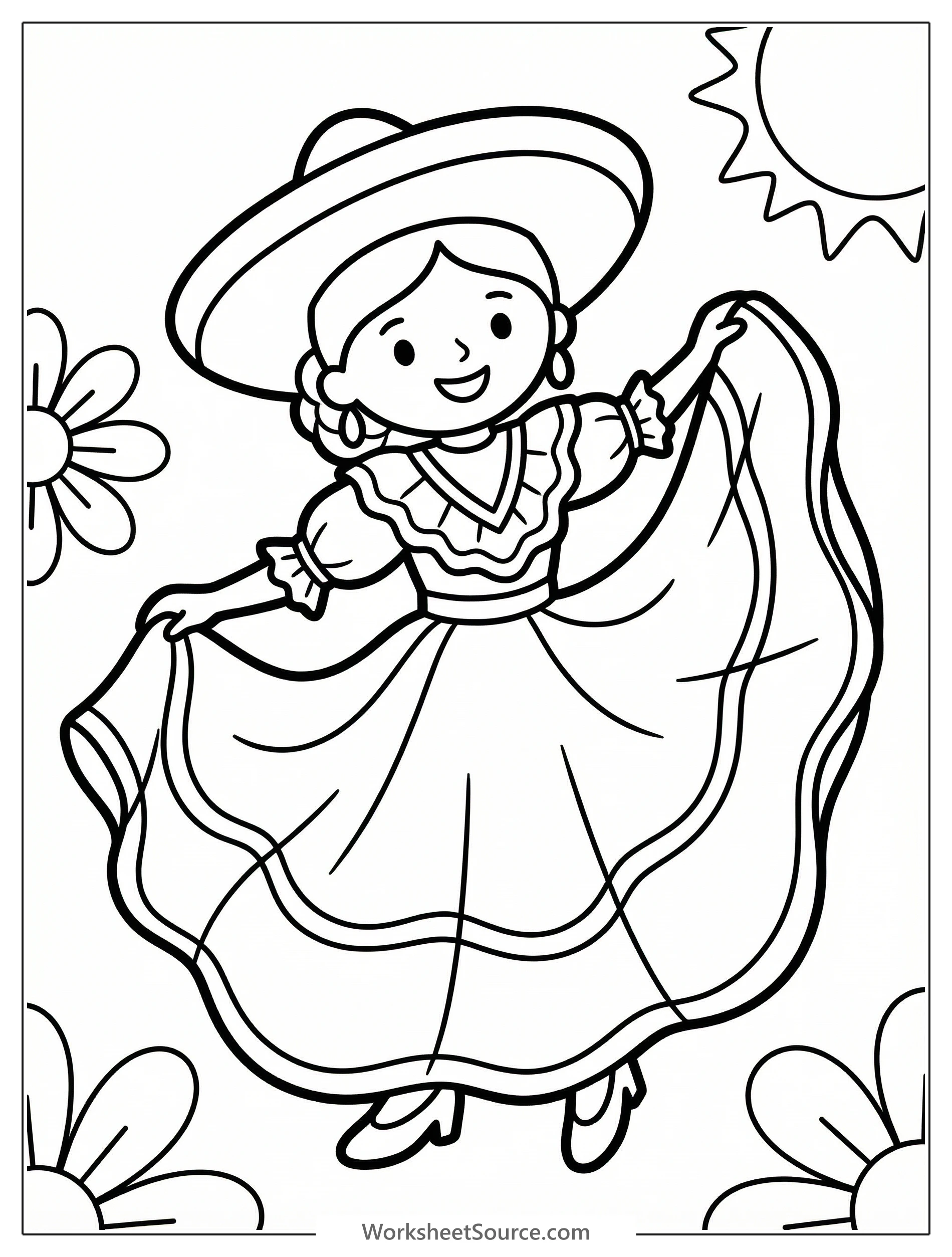 Clear black and white line art coloring page featuring a joyous folklorico dancer in traditional attire, with flowing skirt and decorative elements.