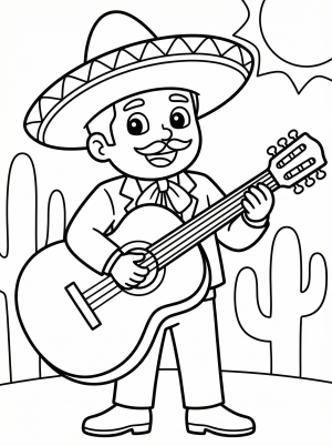 Clear black and white line art of a professionally designed guitar for a mariachi band coloring page with intricate details.