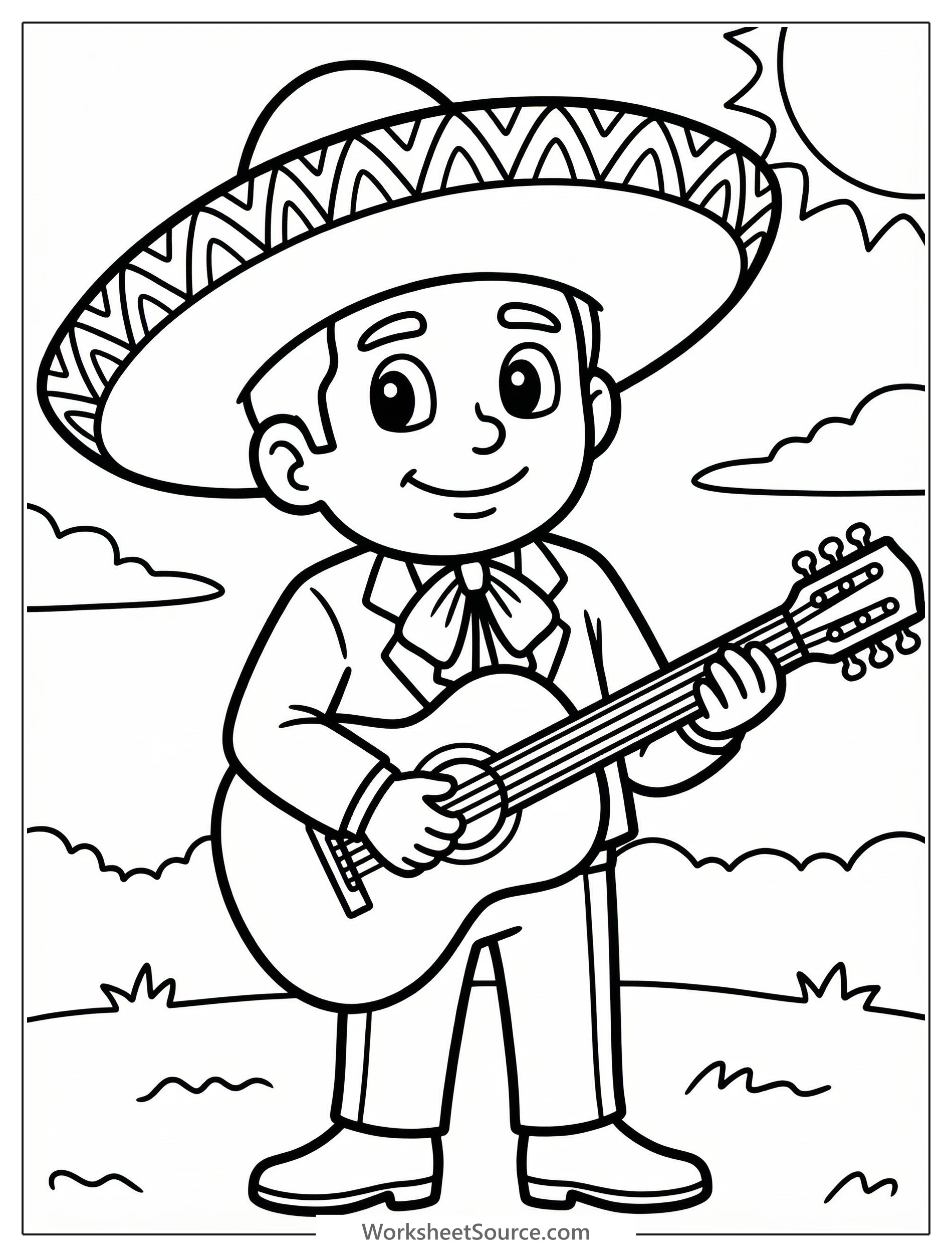 Guitarist in a mariachi band, coloring page style, clear black and white line art, professional design coloring page for kids - black and white line art ready to print and color