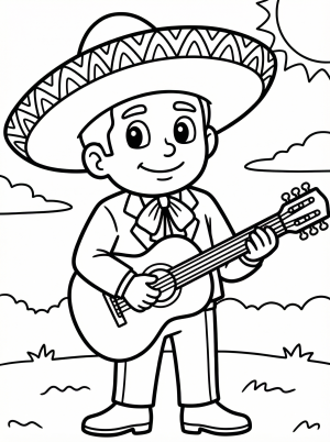 Guitarist in a mariachi band, coloring page style, clear black and white line art, professional design coloring page for kids - black and white line art ready to print and color